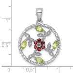 Sterling Silver Rhodium-plated Polished Garnet, Peridot and White Topaz Floral Twisted Circle Pendant - Image 4