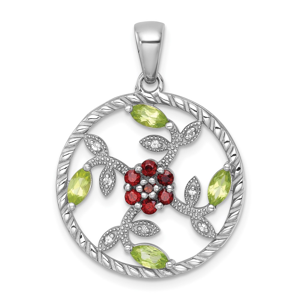 QP6026GA_PE.jpg Sterling Silver Rhodium-plated Polished Garnet, Peridot and White Topaz Floral Twisted Circle Pendant - Image 1