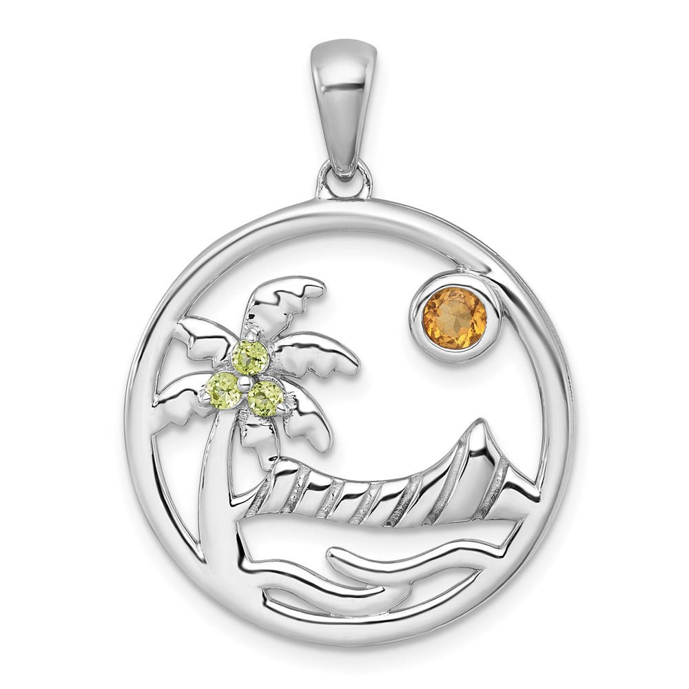 QP6029.jpg Sterling Silver Rhodium-plated Polished and Grooved Citrine and Peridot Beach Scene Circle Pendant - Image 1