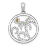 Sterling Silver Rhodium-plated Polished and Beaded Citrine and Light Swiss Blue Topaz Beach Scene Circle Pendant - Image 3