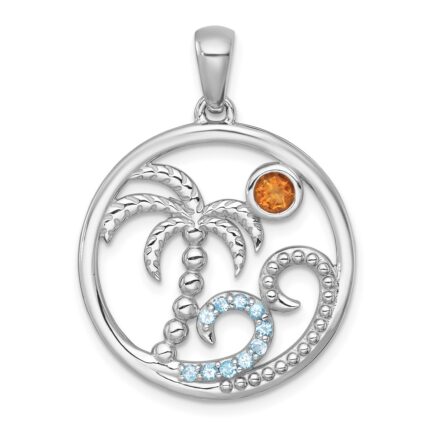 Sterling Silver Rhodium-plated Polished and Beaded Citrine and Light Swiss Blue Topaz Beach Scene Circle Pendant