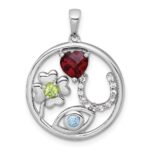 Sterling Silver Rhodium-plated Polished Garnet, Peridot and Light Swiss Blue and White Topaz Good Luck Pendant