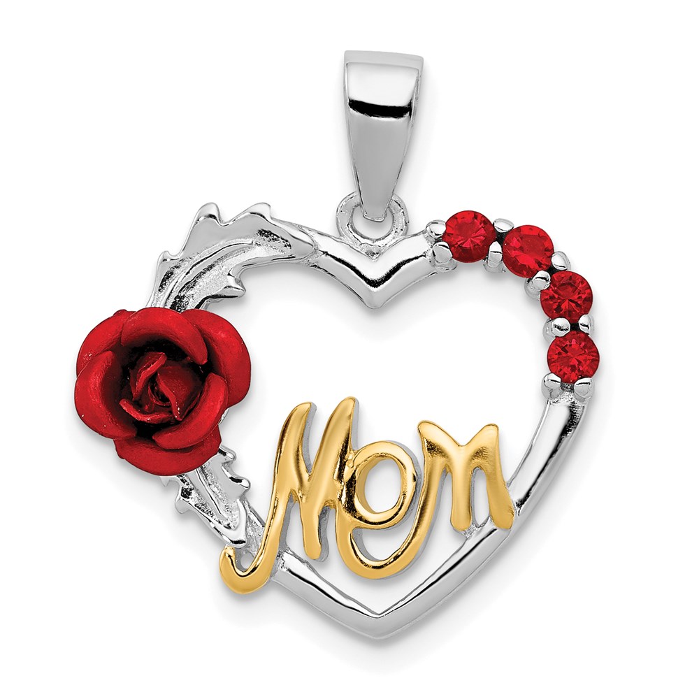 QP926.jpg Sterling Silver Vermeil Red Flower and CZ Mom Pendant - Image 1
