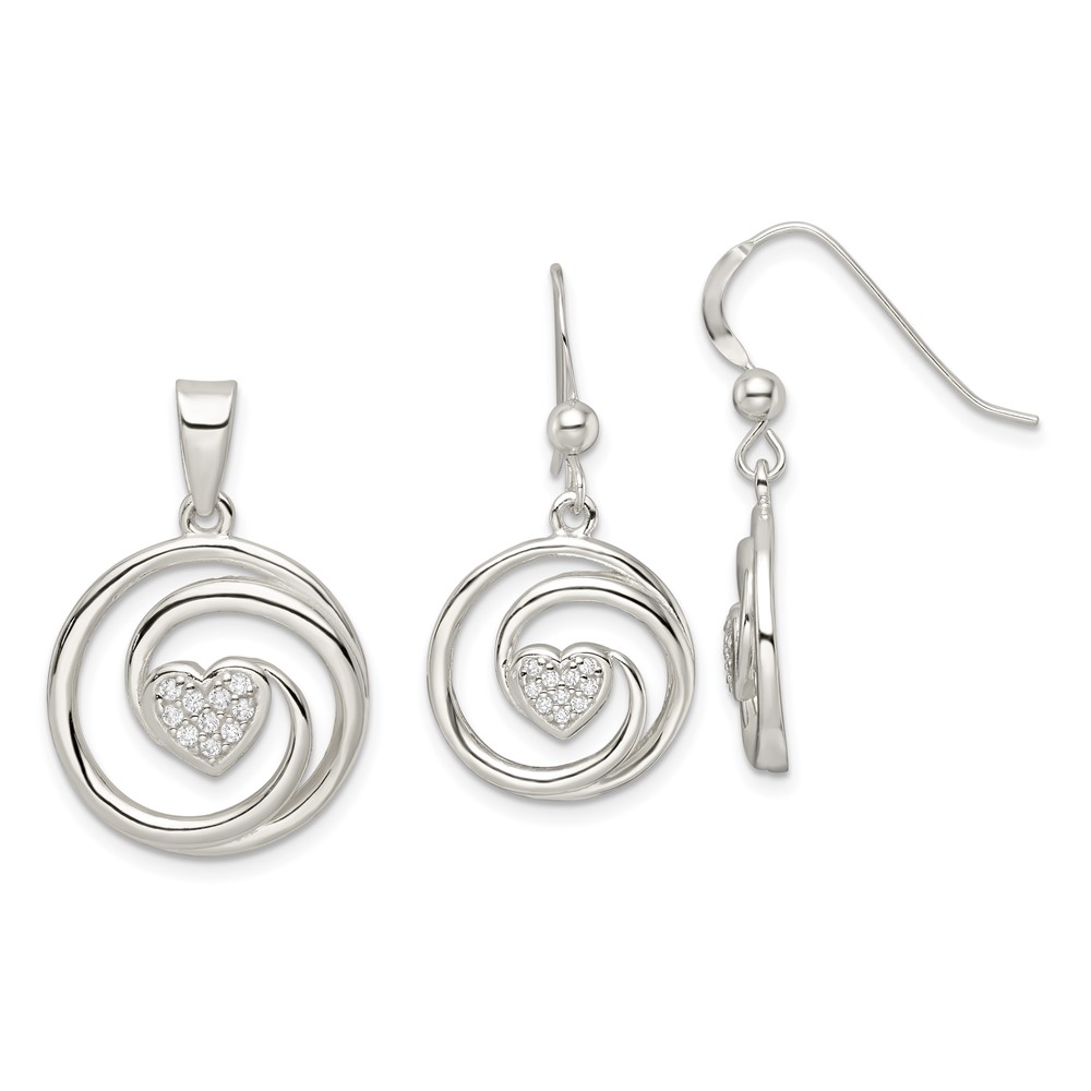 QST267.jpg Sterling Silver CZ Heart in Circle Pendant and Earrings Set - Image 1
