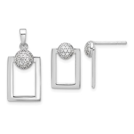 Sterling Silver RH-plated Micro Pave CZ Rectangle Earrings and Pendant Set
