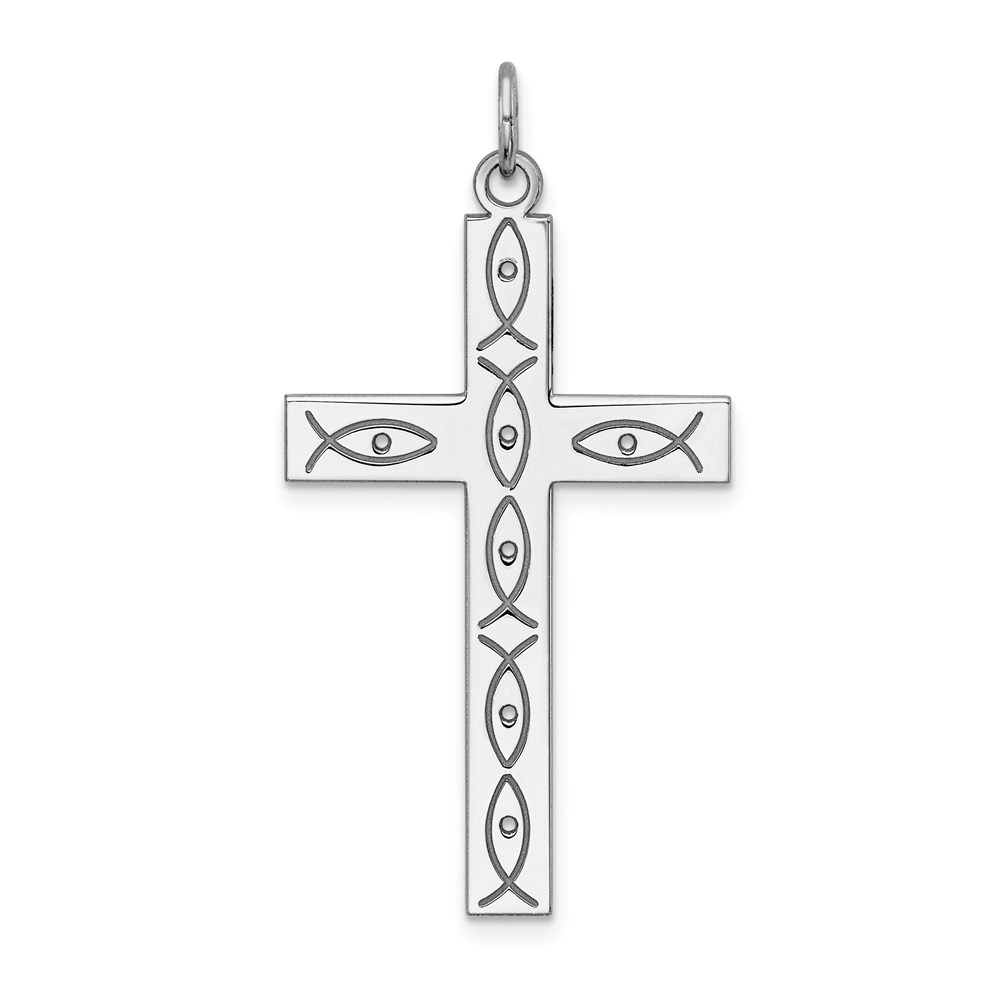 QXR115.jpg Sterling Silver Rhodium-plated Laser Designed Cross Pendant - Image 1