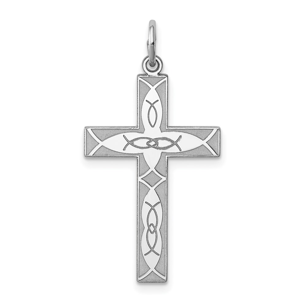 QXR254.jpg Sterling Silver Rhodium-plated Laser Designed Cross Pendant - Image 1