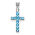 Sterling Silver Rhodium-plated Blue Enameled Cross Hatch Cross Charm