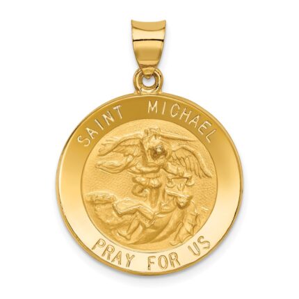 14k Polished and Satin Hollow St. Michael Medal Round Pendant