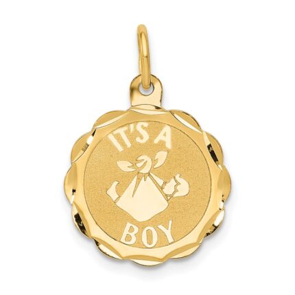 14k Polished IT'S A BOY Scalloped 16mm Engravable Disc Charm