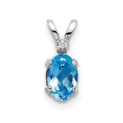 14K White Gold Diamond and 6x4 Oval December/Blue Topaz Birthstone Pendant