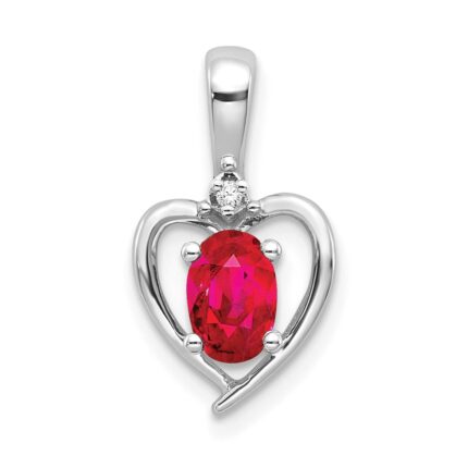 14k White Gold 6x4 Oval July/Ruby and Diamond Heart Pendant