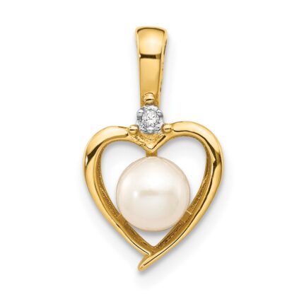 14k 5.5mm June/Freshwater Cultured Pearl and Diamond Heart Pendant