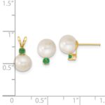14k 7-8mm White Round Freshwater Cultured Pearl and .21EM Emerald Post Earrings and Pendant Set - Image 3