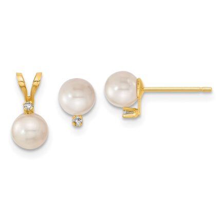 14k 5-6mm White Round Akoya Saltwater Cultured Pearl and .03 Carat Diamond Post Earrings and Pendant Set
