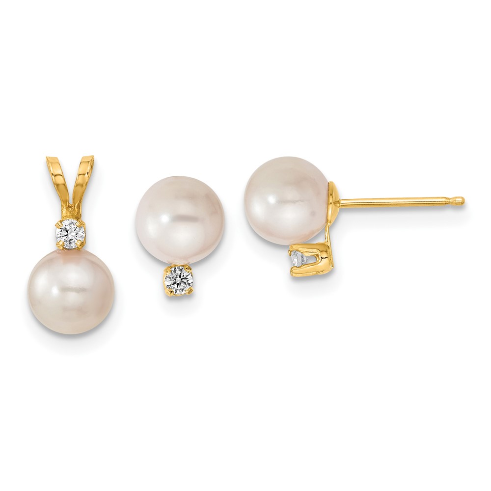 XF399SET.jpg 14k 6-7mm White Round Akoya Saltwater Cultured Pearl and .10 Carat Diamond Post Earrings and Pendant Set - Image 1