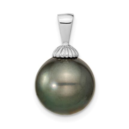 14k White Gold 11-12mm Black Round Tahitian Saltwater Cultured Pearl Pendant