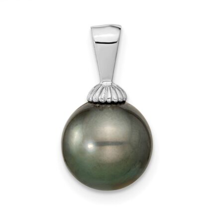 14k White Gold 9-10mm Black Round Tahitian Saltwater Cultured Pearl Pendant