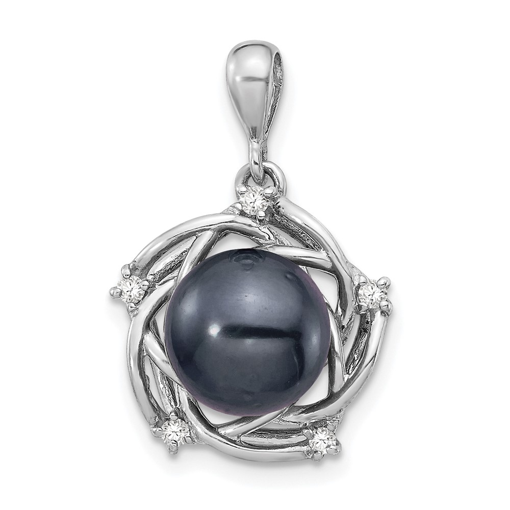 XF734.jpg 14k White Gold 8-9mm Black Round Tahitian Saltwater Cultured Pearl and .075 Carat Diamond Pendant - Image 1