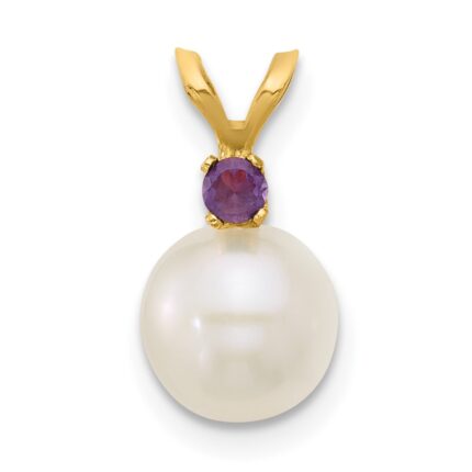 14k 7-7.5mm White Round Freshwater Cultured Pearl and .07AM Amethyst Pendant