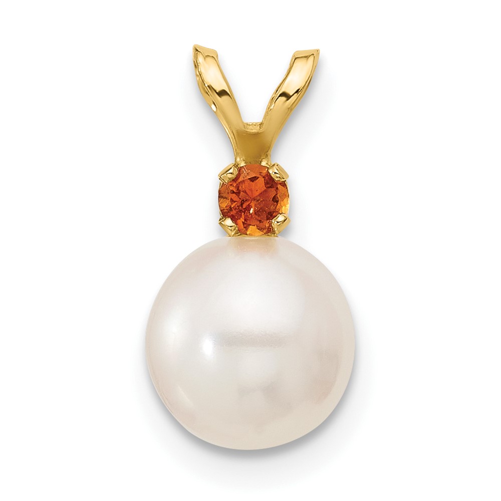 XF741_CI.jpg 14k 7-7.5mm White Round Freshwater Cultured Pearl and .07CI Citrine Pendant - Image 1