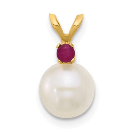 14k 7-7.5mm White Round Freshwater Cultured Pearl and .09RU Ruby Pendant