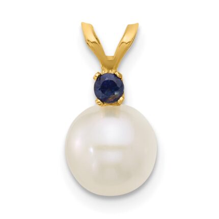 14k 7-7.5mm White Round Freshwater Cultured Pearl and .09SA Sapphire Pendant