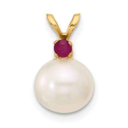 14k 8-8.5mm White Round Freshwater Cultured Pearl and .09RU Ruby Pendant
