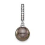 14k White Gold 10-11mm Black Round Tahitian Saltwater Cultured Pearl and .07 Carat Diamond Dangle Chain Slide