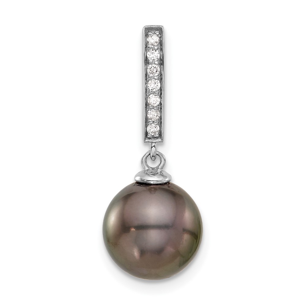 XF813.jpg 14k White Gold 10-11mm Black Round Tahitian Saltwater Cultured Pearl and .07 Carat Diamond Dangle Chain Slide - Image 1