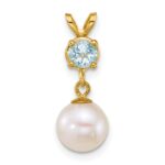 14k Polished 7-8mm Round White Freshwater Cultured Pearl Dangle and Blue Topaz Pendant
