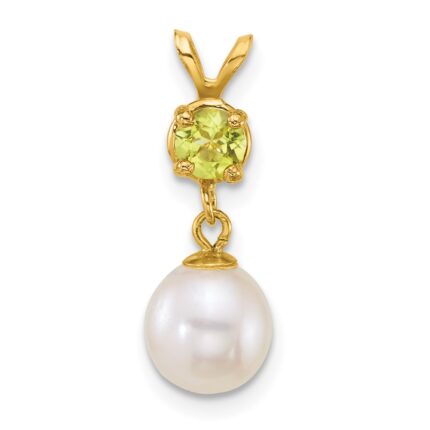 14k Polished 7-8mm Round White Freshwater Cultured Pearl Dangle and Peridot Pendant