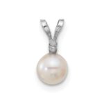 14k White Gold 5-6mm White Round Akoya Saltwater Cultured Pearl and .01 Carat Diamond Pendant - Image 4