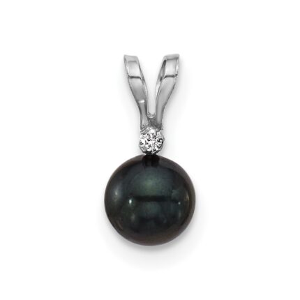 14k White Gold 5-6mm Black Round Akoya Saltwater Cultured Pearl and .01 Carat Diamond Pendant