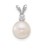 14k White Gold 7-8mm White Round Akoya Saltwater Cultured Pearl and .05 Carat Diamond Pendant