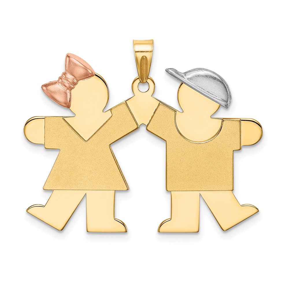 XK103.jpg 14k Tri-color The Kids Medium Girl on Left and Boy on Right Engravable Kiss Charm - Image 1