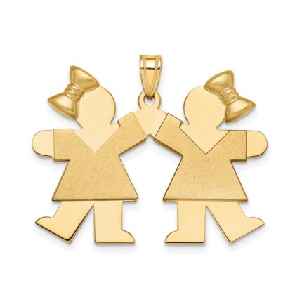 14k The Kids Solid Engravable Medium Double Girls with Bows Kiss Charm