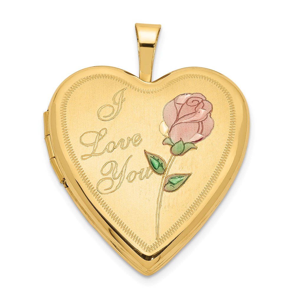 XL602.jpg 14K Pink and Green Enamel Rose I LOVE YOU Script 20mm Heart Locket - Image 1