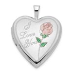 14K White Gold Pink and Green Enamel Rose I LOVE YOU Script 20mm Heart Locket