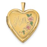 14k Pink and Green Enameled Floral MOM Script 20mm Heart Locket