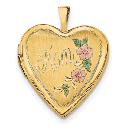 14k Pink and Green Enameled Floral MOM Script 20mm Heart Locket