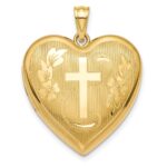 14k Textured and Diamond-cut Floral Cross Ash Holder 24mm Heart Locket