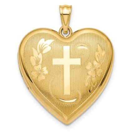 14k Textured and Diamond-cut Floral Cross Ash Holder 24mm Heart Locket