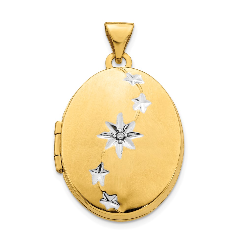 XL785.jpg 14k with White Rhodium Brushed and Polished Diamond Stars 21mm Oval Locket - Image 1