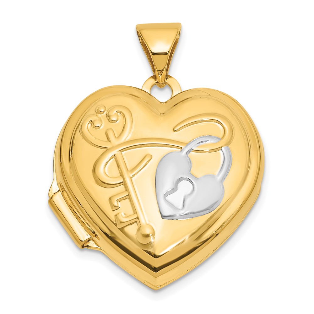 XL859.jpg 14K and White Rhodium Lock and Key Reverses to YOU HOLD THE KEY TO MY HEART 18mm Heart Locket - Image 1