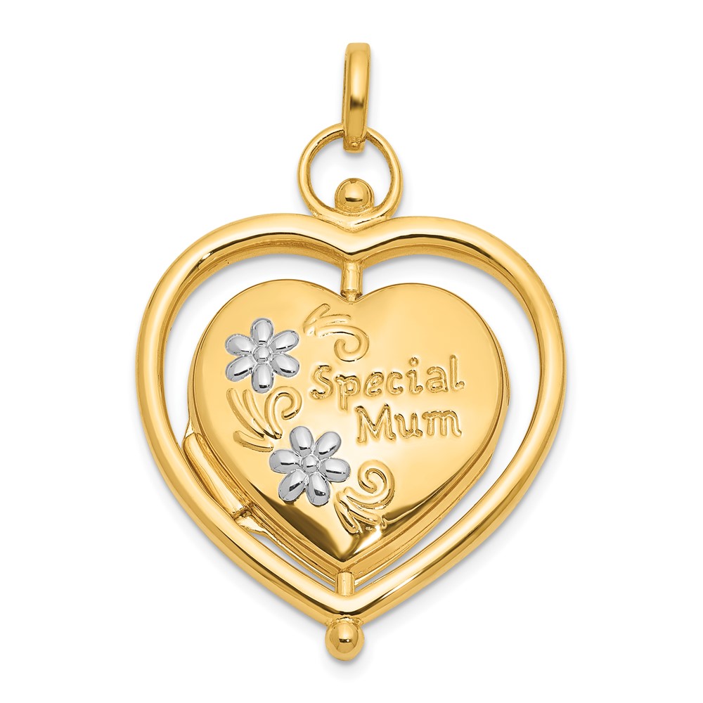 XL861.jpg 14K and White Rhodium Floral SPECIAL MUM and Tree in Spinning Frame Reversible 15mm Heart Locket - Image 1