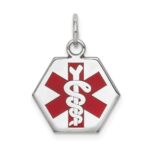 14k White Gold 15mm Hexagon Red Enameled Medical Jewelry Pendant