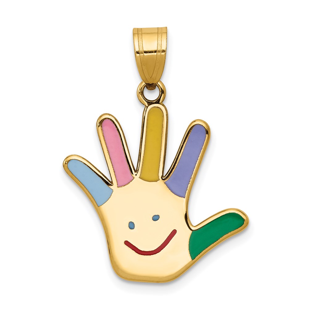 XM633.jpg 14k Enameled Autism with Happy Face Handprint Pendant - Image 1