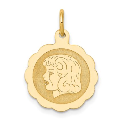 14k Girl Head on .013 Gauge 15mm Engravable Scalloped Disc Charm