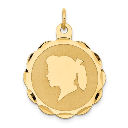 14k Girl Head on .013 Gauge Engravable Scalloped 25x22mm Disc Charm